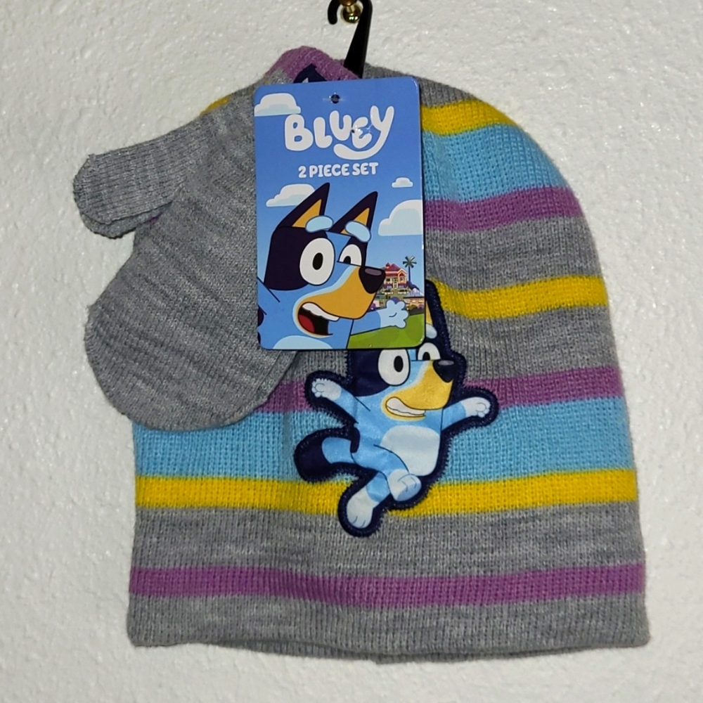 Bluey 2-Pc Beanie Multi-Colored Hat & Glove Set Grey/Blue/Purple/Yellow OS NWT